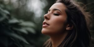 Woman outdoors breathing deeply