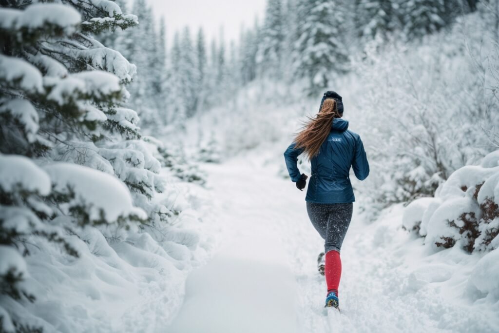 Trail running woman in snowy conditions.