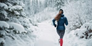 Trail running woman in snowy conditions.