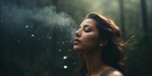 Woman breathing deeply in the woods